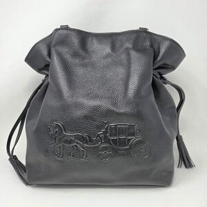 Coach Andy Drawstring Black Leather Tote With Horse And Carriage